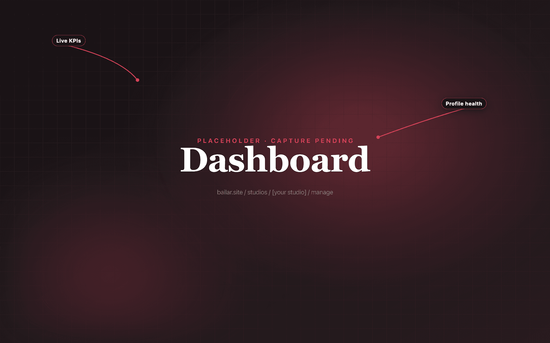 Bailar Studios dashboard with KPI cards, profile-completeness score, and the next week's classes
