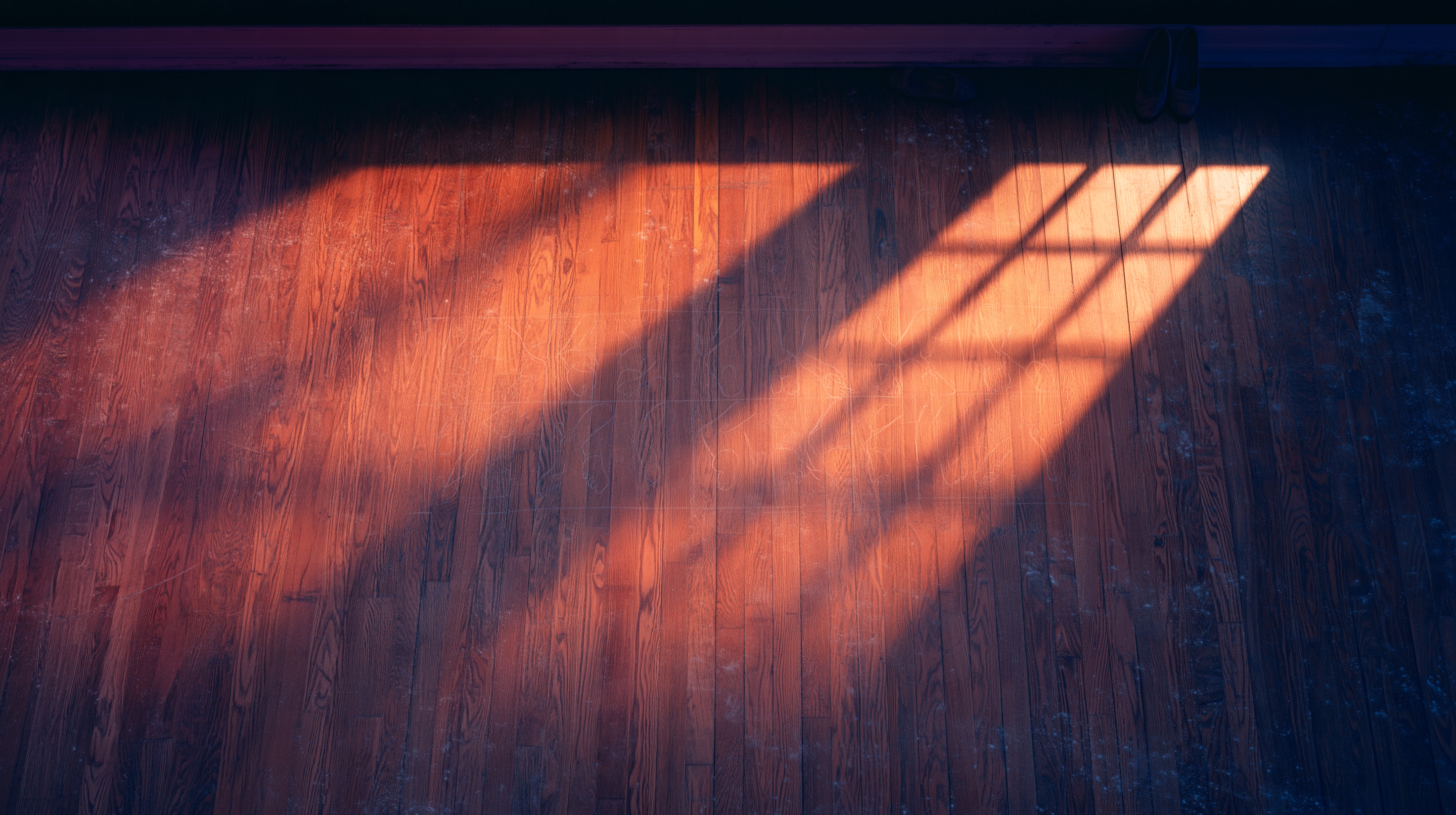 Overhead view of a worn hardwood studio floor with a chalk footwork chart and dance shoes