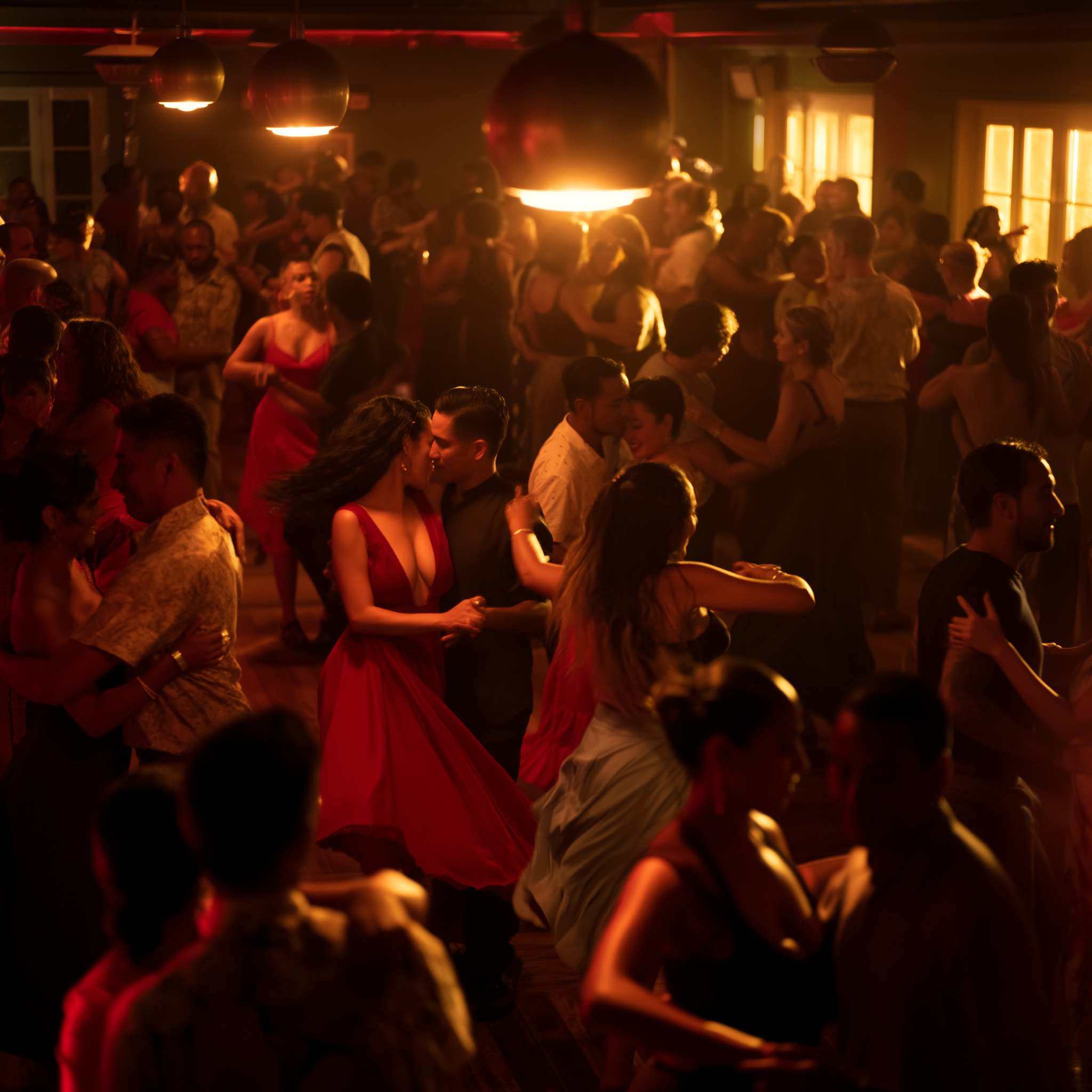 Packed Latin dance social with couples dancing salsa under warm pendant lights