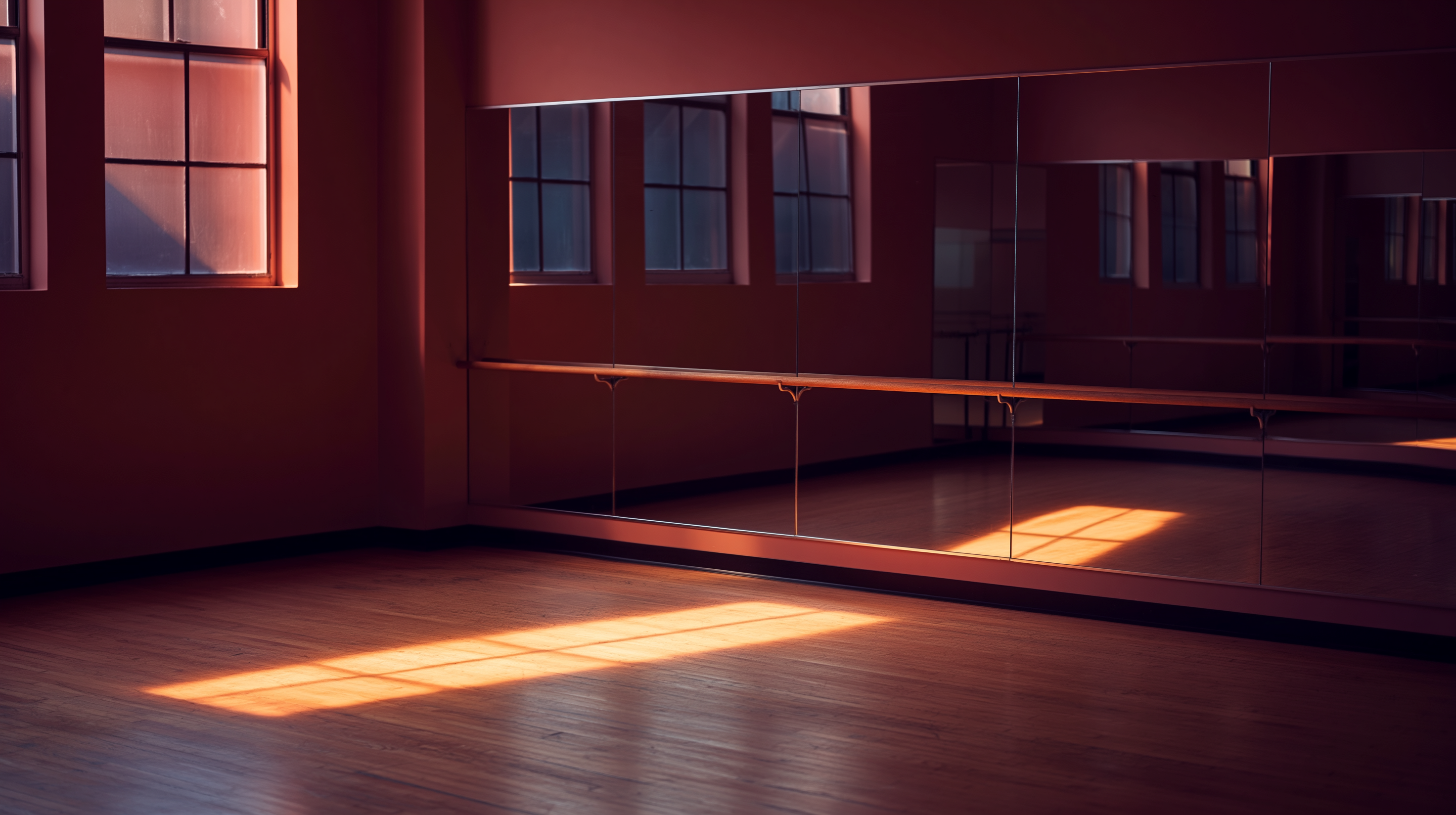 Empty professional Latin dance studio at golden hour, hardwood floor and mirror wall