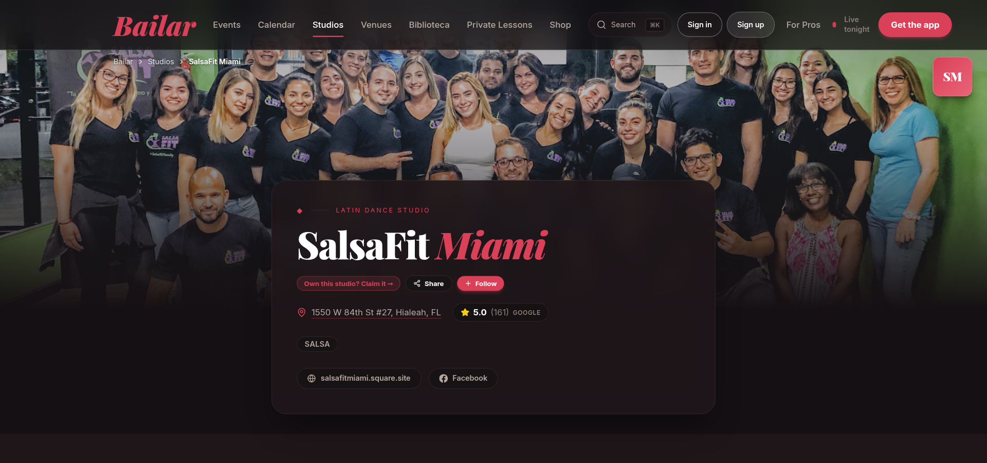 Una página real de academia en Bailar: fotos, horario, reseñas y próximos eventos, como la ven los bailarines